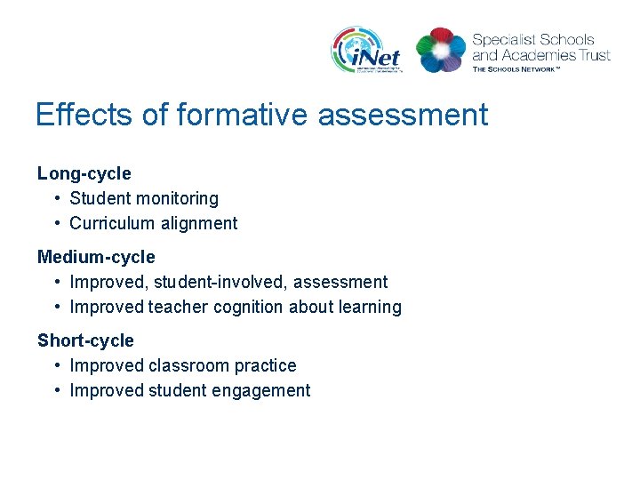 Effects of formative assessment Long-cycle • Student monitoring • Curriculum alignment Medium-cycle • Improved,