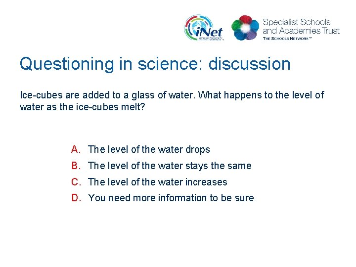 Questioning in science: discussion Ice-cubes are added to a glass of water. What happens