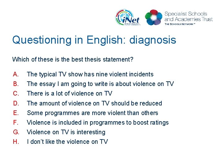 Questioning in English: diagnosis Which of these is the best thesis statement? A. The