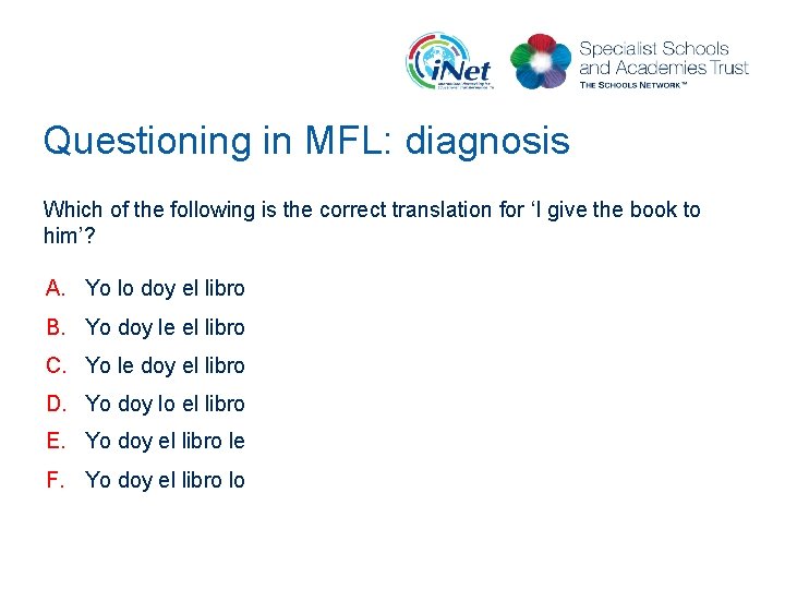 Questioning in MFL: diagnosis Which of the following is the correct translation for ‘I