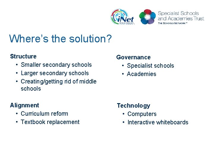 Where’s the solution? Structure • Smaller secondary schools • Larger secondary schools • Creating/getting