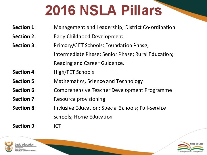 2016 NSLA Pillars Section 1: Management and Leadership; District Co-ordination Section 2: Early Childhood