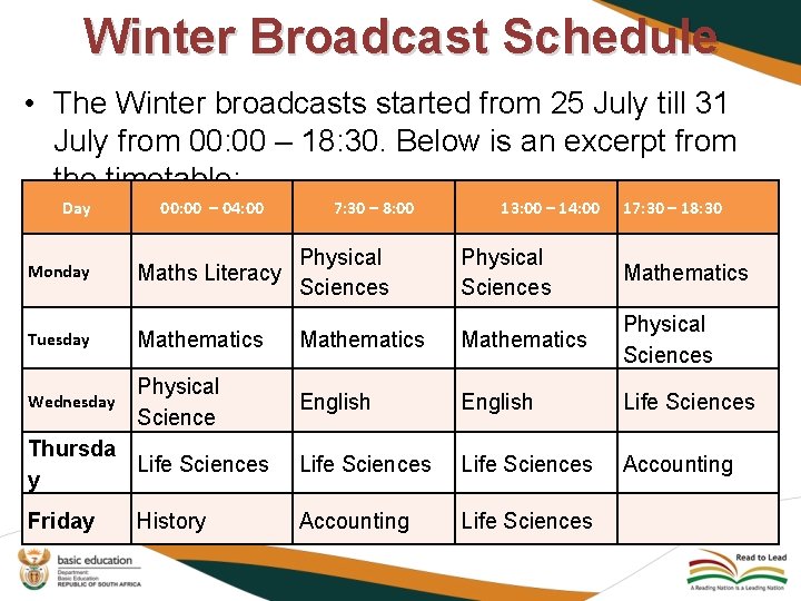 Winter Broadcast Schedule • The Winter broadcasts started from 25 July till 31 July