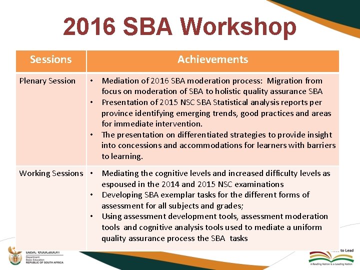 2016 SBA Workshop Sessions Plenary Session Achievements • Mediation of 2016 SBA moderation process: