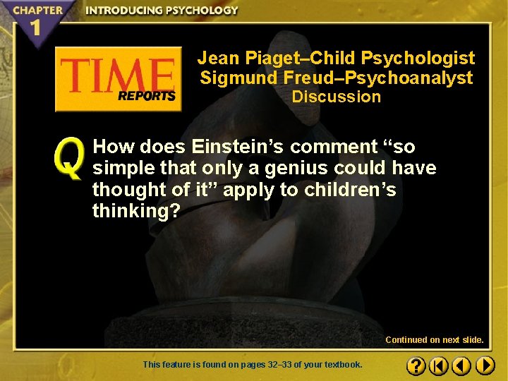 Jean Piaget–Child Psychologist Sigmund Freud–Psychoanalyst Discussion How does Einstein’s comment “so simple that only