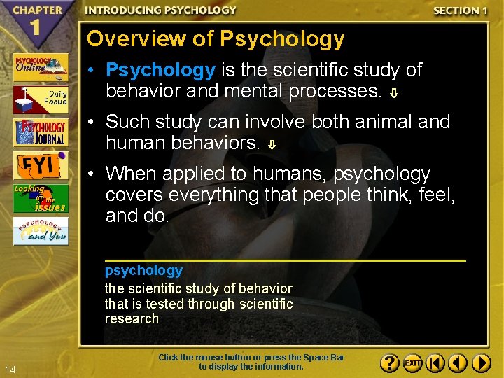 Overview of Psychology • Psychology is the scientific study of behavior and mental processes.