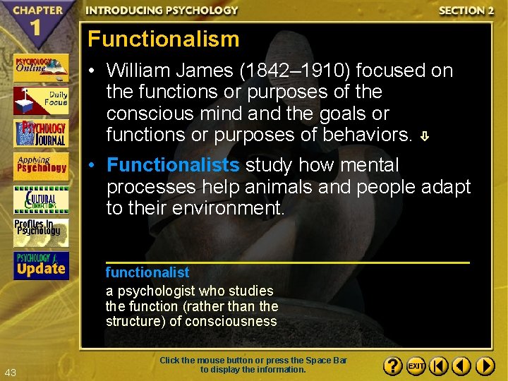 Functionalism • William James (1842– 1910) focused on the functions or purposes of the