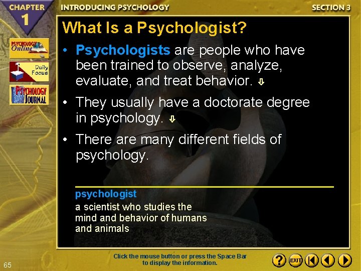 What Is a Psychologist? • Psychologists are people who have been trained to observe,