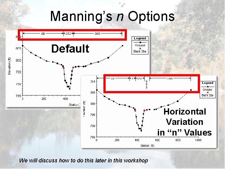 Manning’s n Options Default Horizontal Variation in “n” Values We will discuss how to
