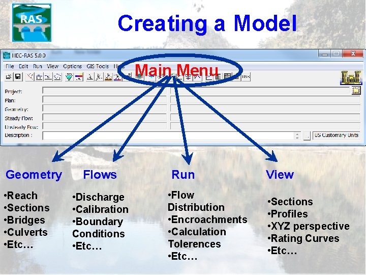 Creating a Model Main Menu The HECRAS Model Geometry • Reach • Sections •