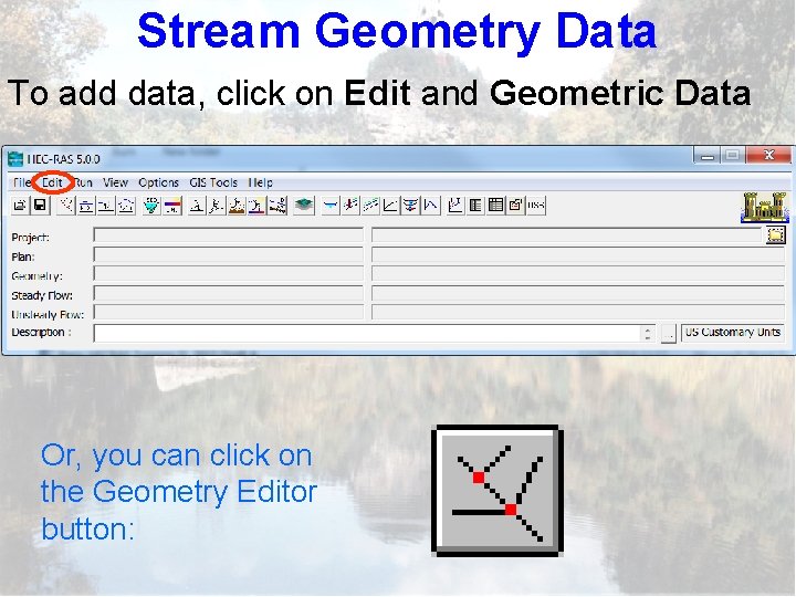 Stream Geometry Data To add data, click on Edit and Geometric Data Or, you