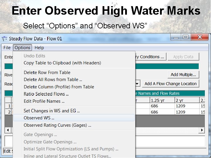Enter Observed High Water Marks Select “Options” and “Observed WS” 