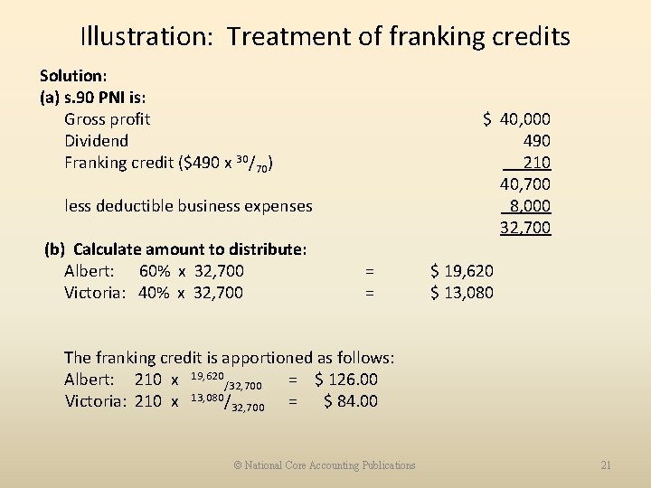 Illustration: Treatment of franking credits Solution: (a) s. 90 PNI is: Gross profit Dividend