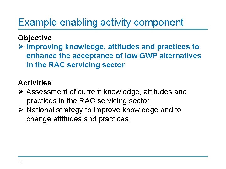 Example enabling activity component Objective Ø Improving knowledge, attitudes and practices to enhance the