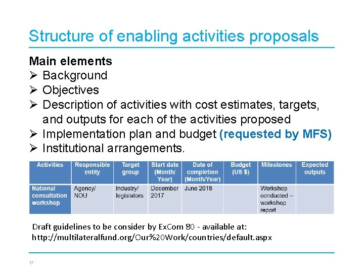 Structure of enabling activities proposals Main elements Ø Background Ø Objectives Ø Description of