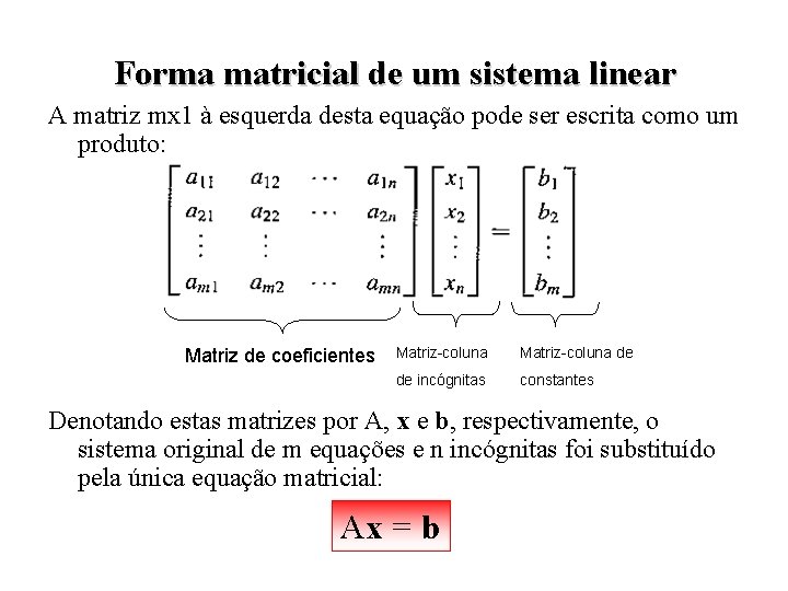 Forma matricial de um sistema linear A matriz mx 1 à esquerda desta equação