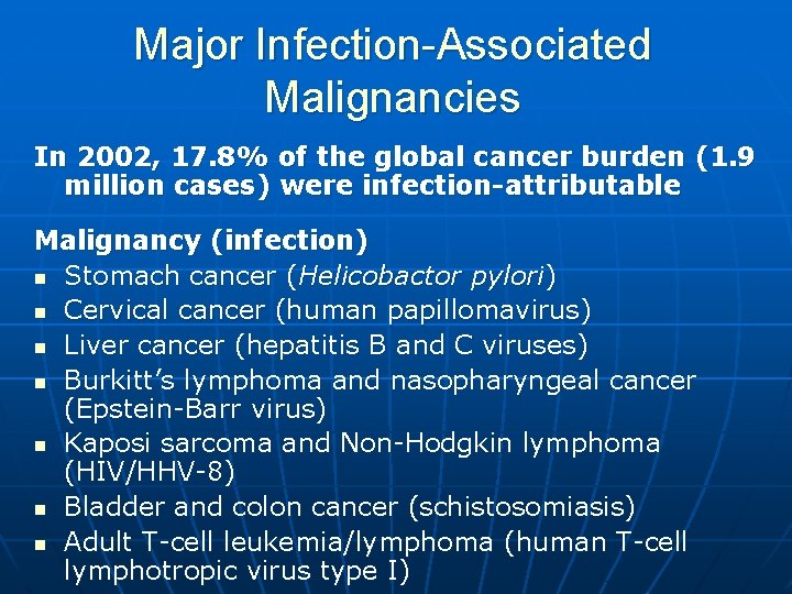 Major Infection-Associated Malignancies In 2002, 17. 8% of the global cancer burden (1. 9