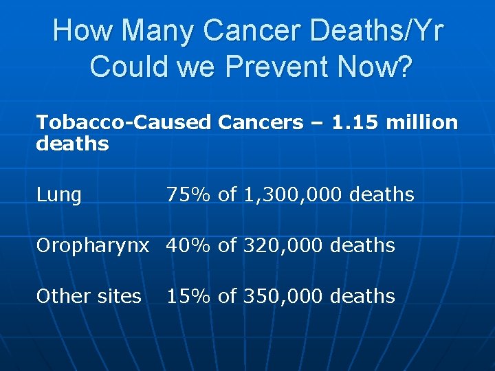 How Many Cancer Deaths/Yr Could we Prevent Now? Tobacco-Caused Cancers – 1. 15 million