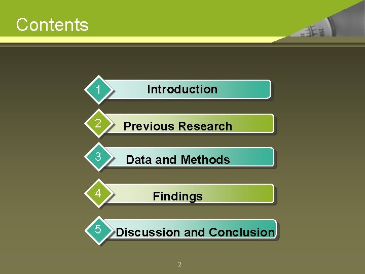 Contents 1 Introduction 2 Previous Research 3 Data and Methods 4 Findings 5 Discussion