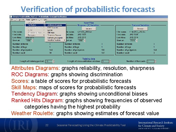 Verification of probabilistic forecasts Attributes Diagrams: graphs reliability, resolution, sharpness ROC Diagrams: graphs showing