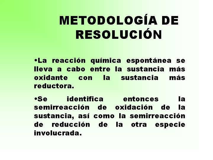 METODOLOGÍA DE RESOLUCIÓN • La reacción química espontánea se lleva a cabo entre la