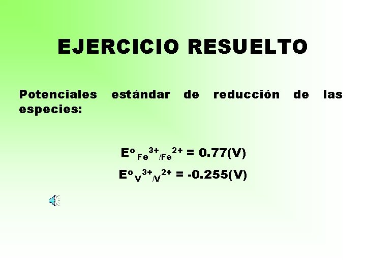 EJERCICIO RESUELTO Potenciales especies: estándar de reducción Eo Fe 3+/Fe 2+ = 0. 77(V)