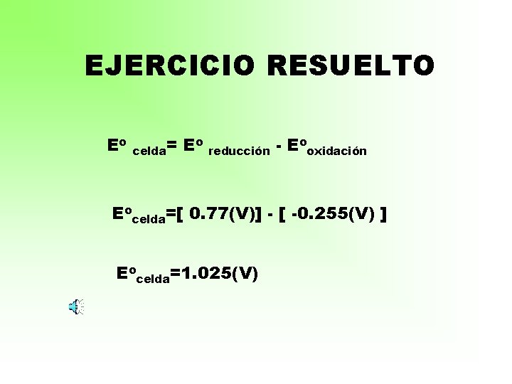 EJERCICIO RESUELTO Eo celda= Eo reducción - Eooxidación Eocelda=[ 0. 77(V)] - [ -0.