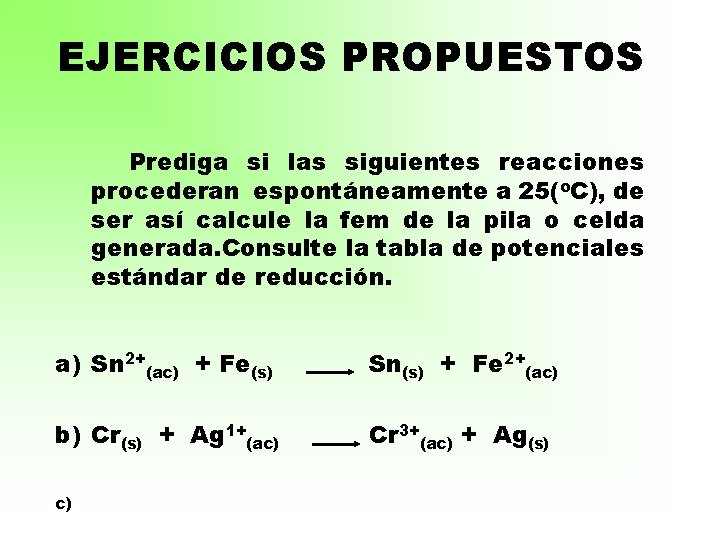 EJERCICIOS PROPUESTOS Prediga si las siguientes reacciones procederan espontáneamente a 25(o. C), de ser