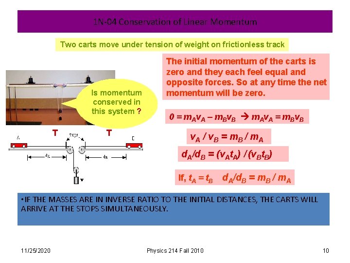 1 N-04 Conservation of Linear Momentum Two carts move under tension of weight on