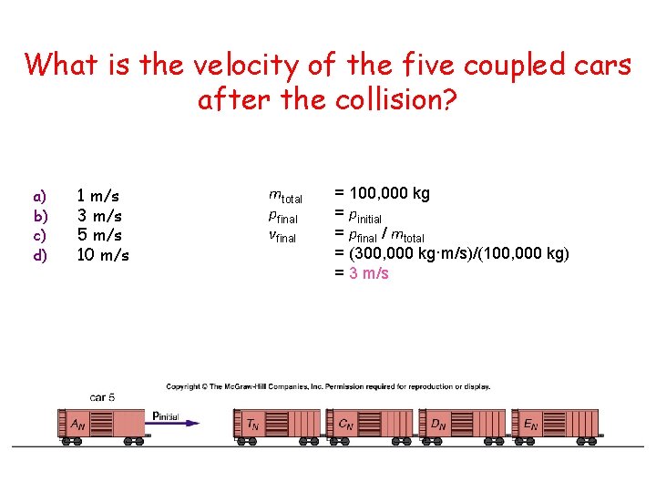 What is the velocity of the five coupled cars after the collision? a) b)