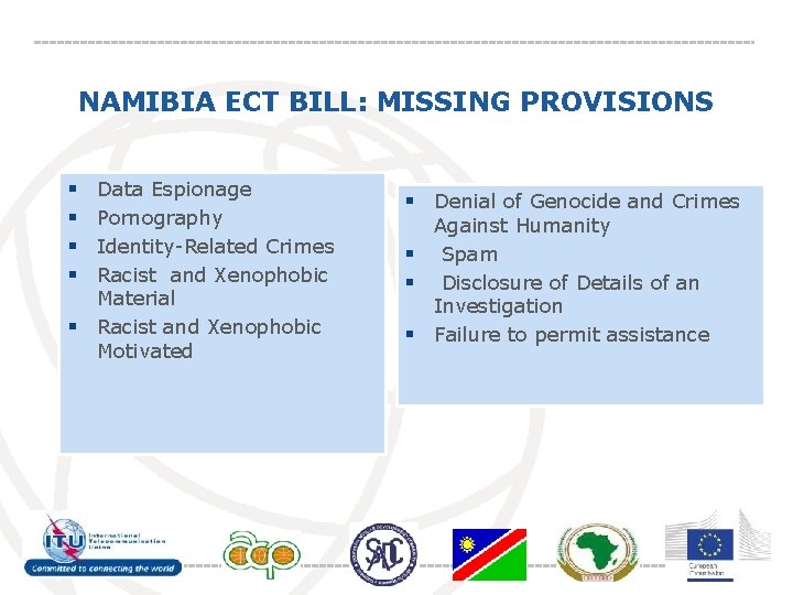 NAMIBIA ECT BILL: MISSING PROVISIONS § § Data Espionage Pornography Identity-Related Crimes Racist and