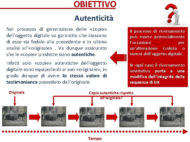 OBIETTIVO Autenticità Nel processo di generazione delle «copie» dell’oggetto digitale va garantito che ciascuna