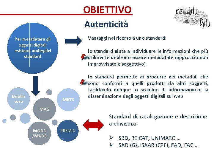 OBIETTIVO Autenticità Vantaggi nel ricorso a uno standard: Per metadatare gli oggetti digitali esistono