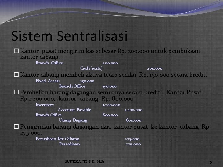 Sistem Sentralisasi � Kantor pusat mengirim kas sebesar Rp. 200. 000 untuk pembukaan kantor