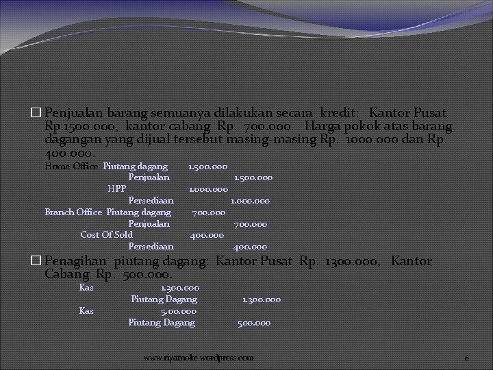 � Penjualan barang semuanya dilakukan secara kredit: Kantor Pusat Rp. 1500. 000, kantor cabang