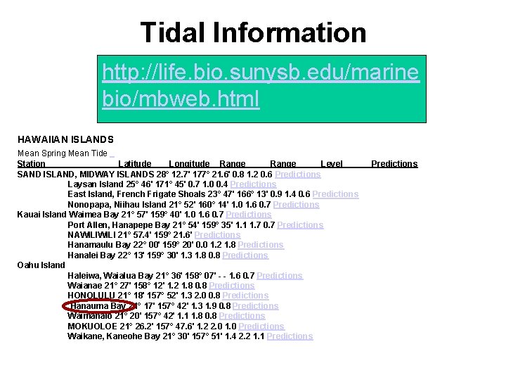 Tidal Information http: //life. bio. sunysb. edu/marine bio/mbweb. html HAWAIIAN ISLANDS Mean Spring Mean