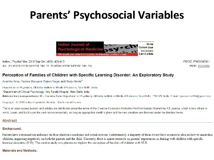 Parents’ Psychosocial Variables 
