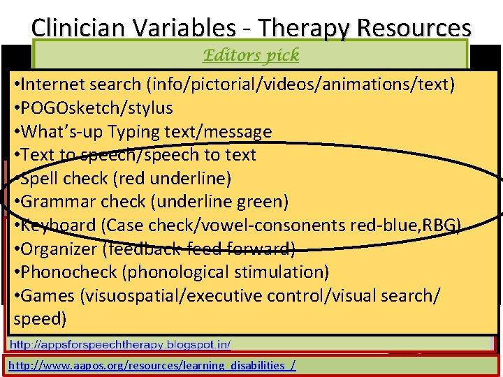 Clinician Variables - Therapy Resources • Internet search (info/pictorial/videos/animations/text) • POGOsketch/stylus incredibly • What’s-up