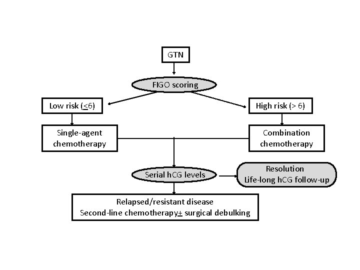 GTN FIGO scoring Low risk (<6) High risk (> 6) Single-agent chemotherapy Combination chemotherapy