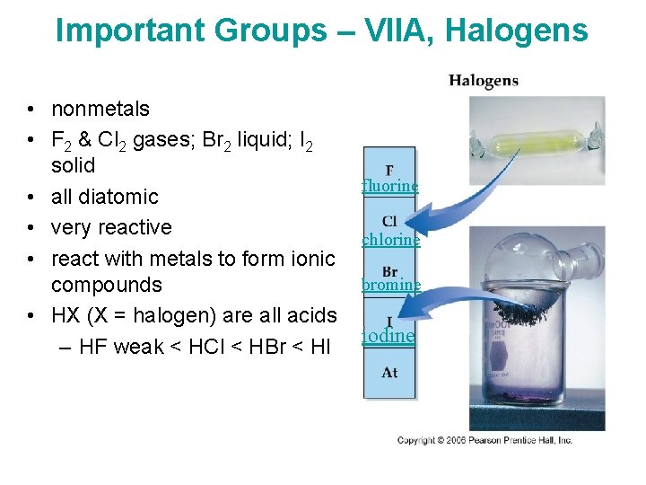 Important Groups – VIIA, Halogens • nonmetals • F 2 & Cl 2 gases;