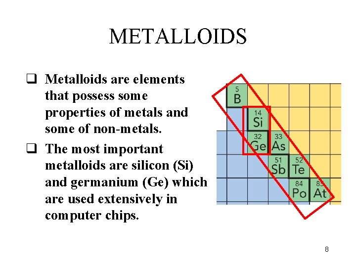 METALLOIDS q Metalloids are elements that possess some properties of metals and some of