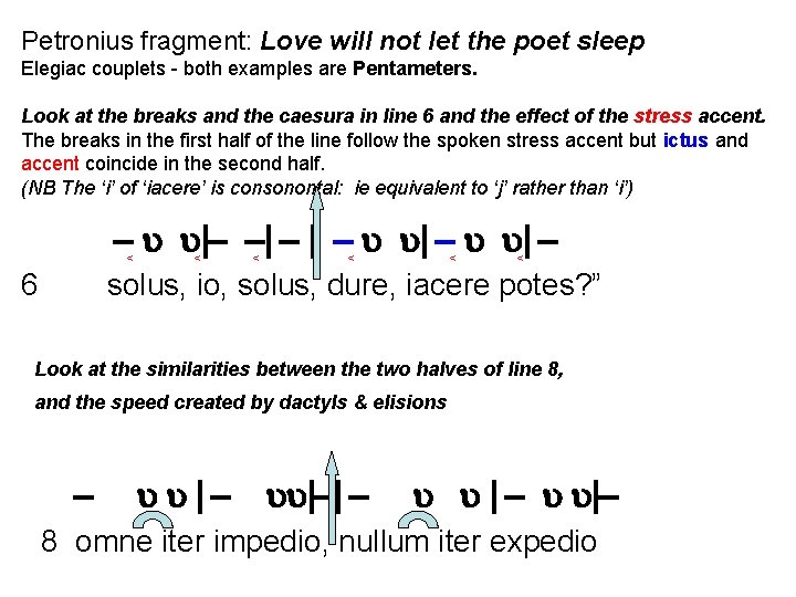 Petronius fragment: Love will not let the poet sleep Elegiac couplets - both examples