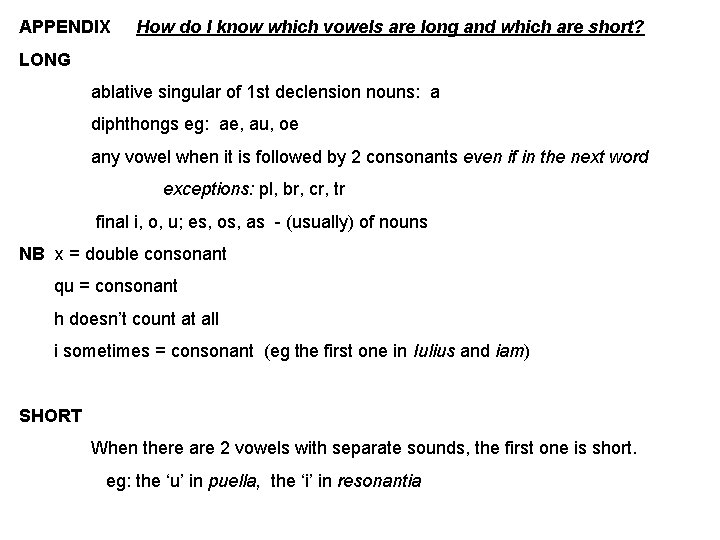 APPENDIX How do I know which vowels are long and which are short? LONG