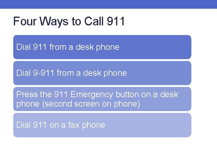 Four Ways to Call 911 Dial 911 from a desk phone Dial 9 -911