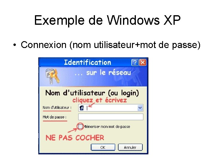 Exemple de Windows XP • Connexion (nom utilisateur+mot de passe) 