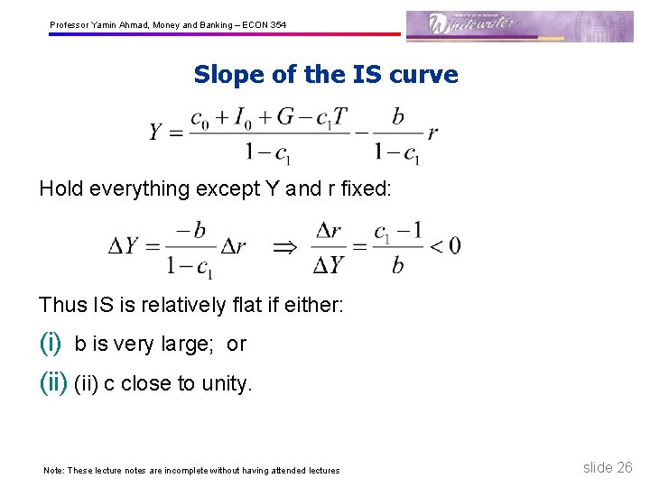 Professor Yamin Ahmad, Money and Banking – ECON 354 Slope of the IS curve