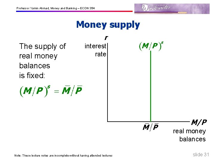 Professor Yamin Ahmad, Money and Banking – ECON 354 Money supply r The supply