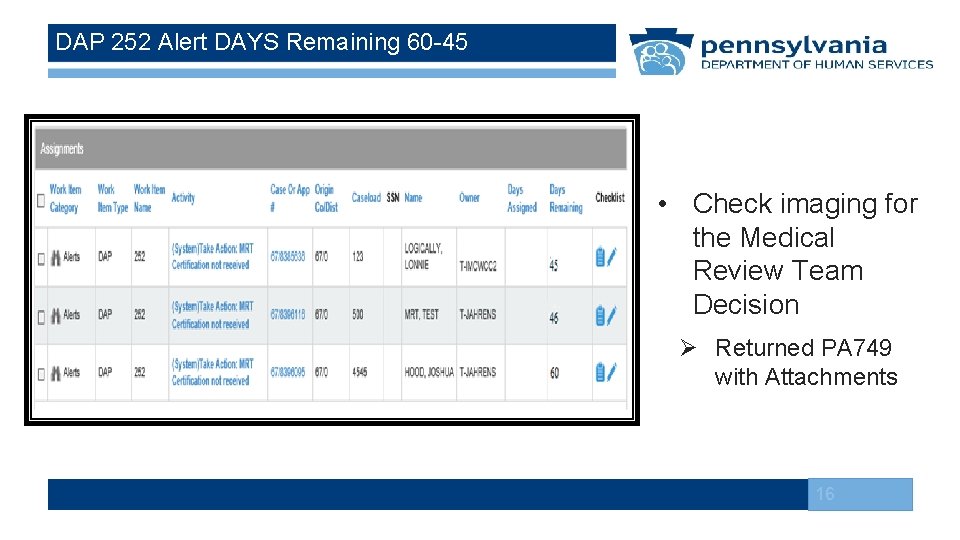 DAP 252 Alert DAYS Remaining 60 -45 • Check imaging for the Medical Review