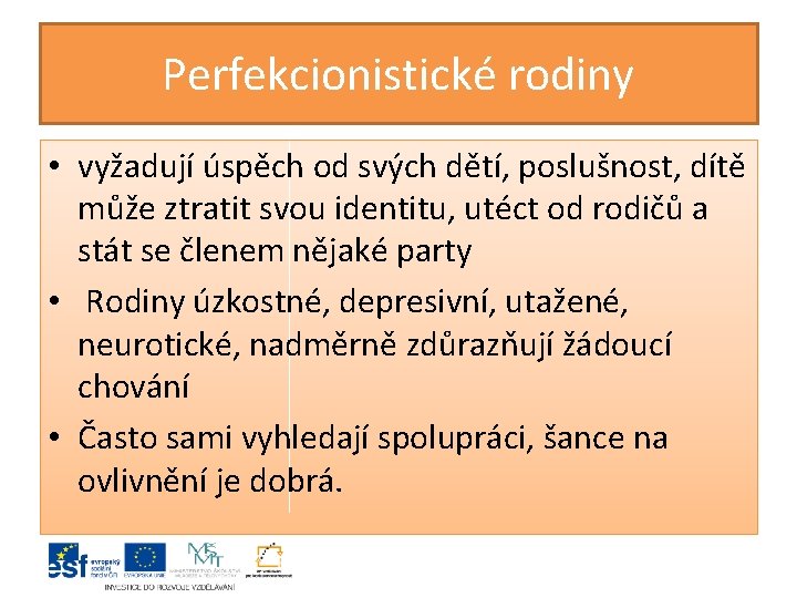 Perfekcionistické rodiny • vyžadují úspěch od svých dětí, poslušnost, dítě může ztratit svou identitu,