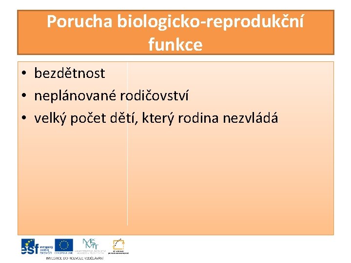 Porucha biologicko-reprodukční funkce • bezdětnost • neplánované rodičovství • velký počet dětí, který rodina